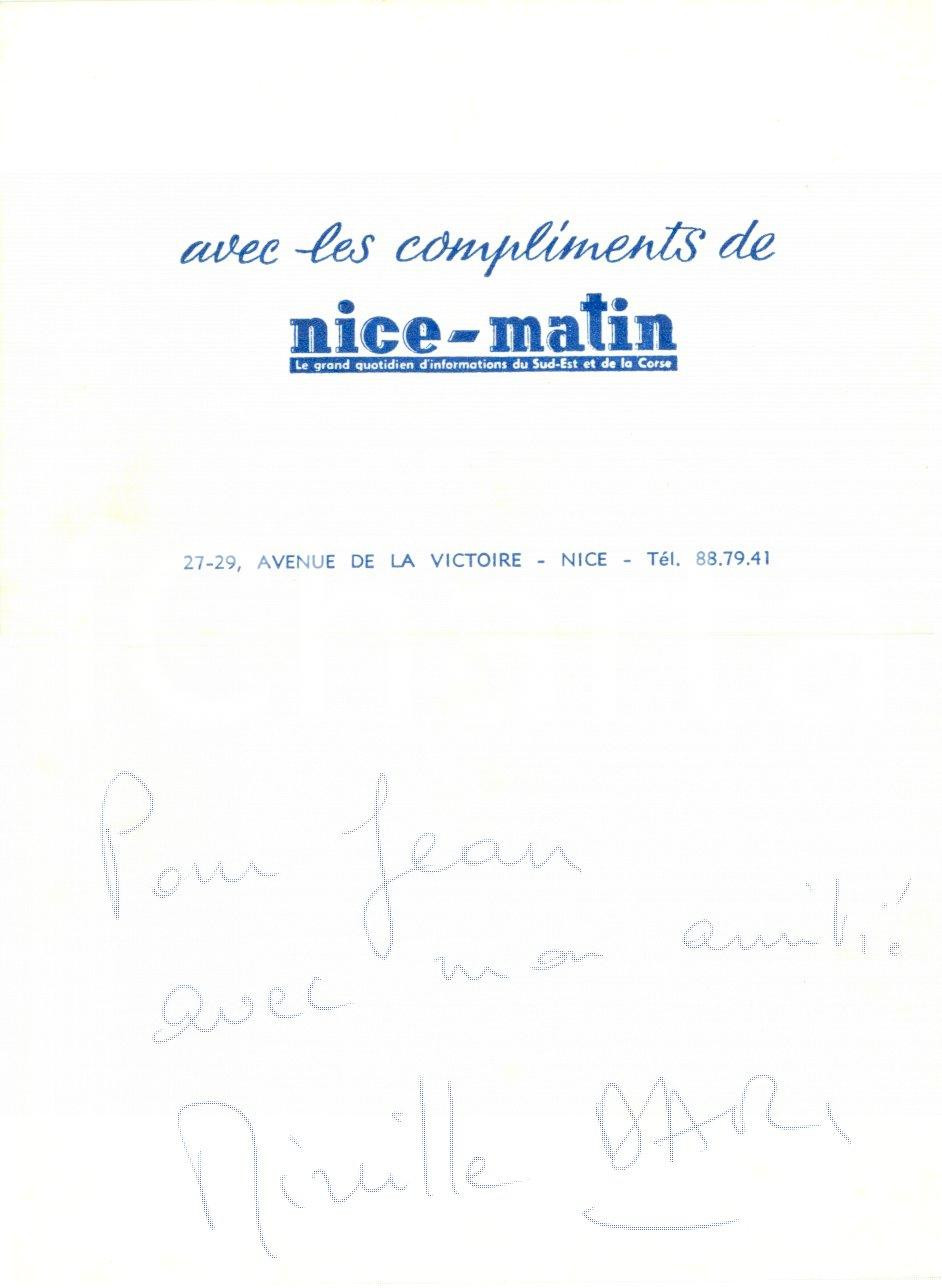 Autografo originale 1965 ca Autografo MIREILLE DARC su biglietto NiceMatin 1
