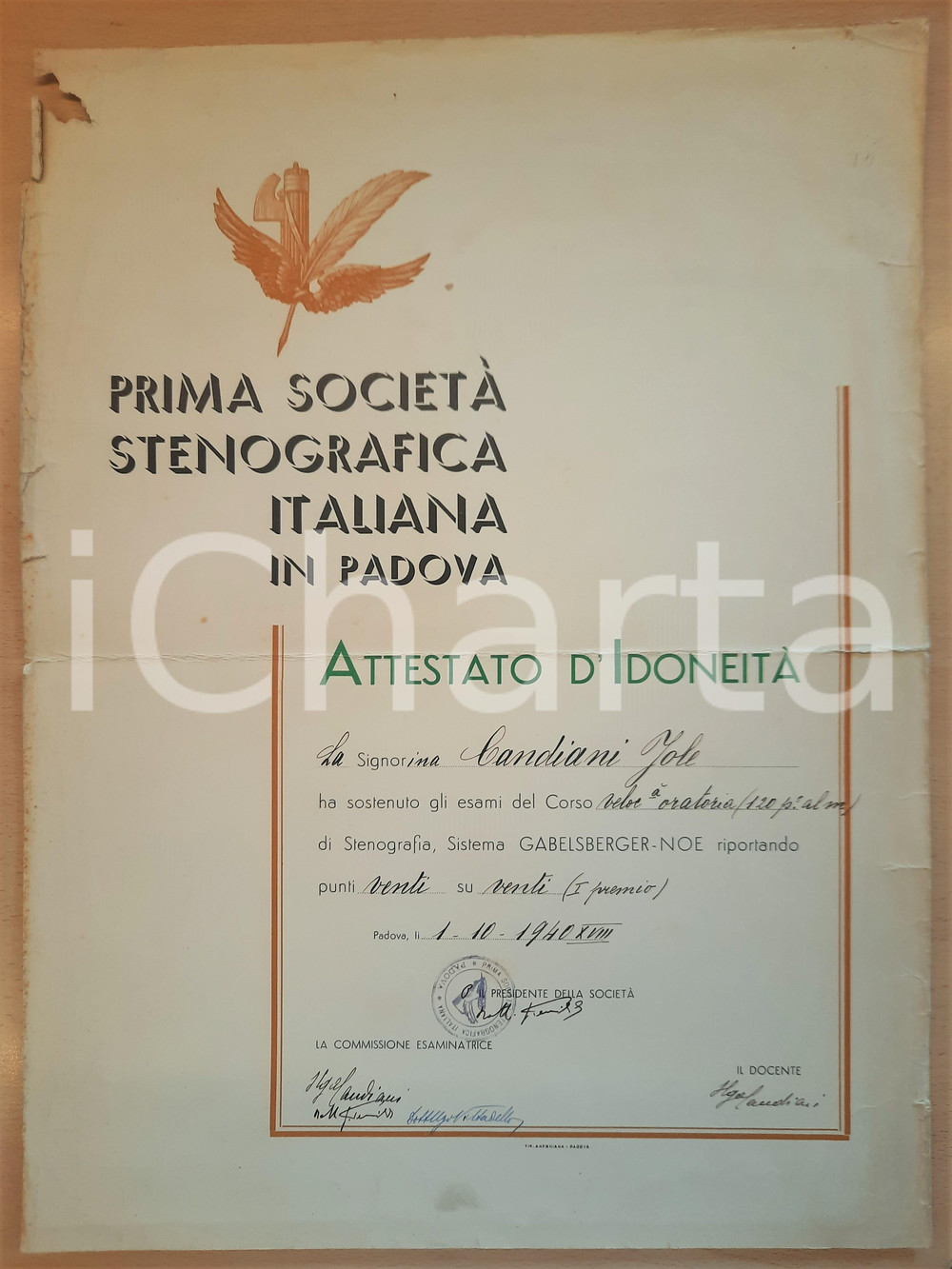 Documento originale, autentico 1940 PADOVA  STENOGRAFIA  Attestato idoneitÃ  Jole CANDIANI 35x47 cm 1