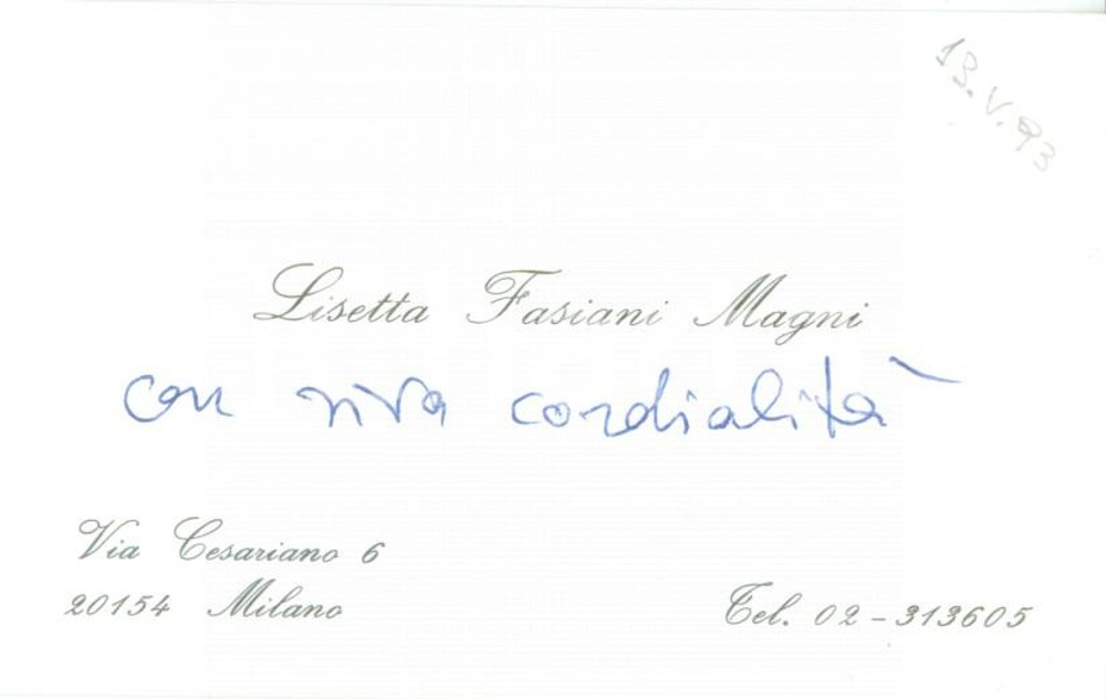 Autografo originale 1993 MILANO Lisetta FASIANI MAGNI Biglietto da visita con AUTOGRAFO 1