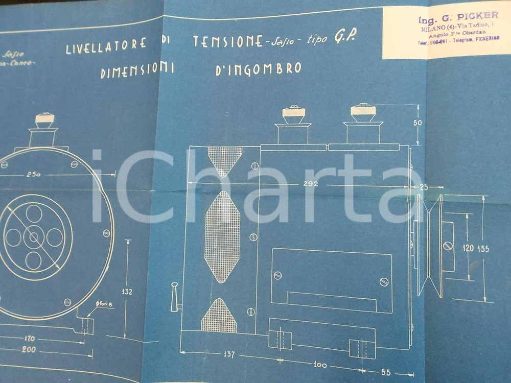 Stampa, bozzetto originale 1930 ca CUNEO GIORDANO & SASSO Progetto ing. PICKER Livellatore tensione SASSO 1