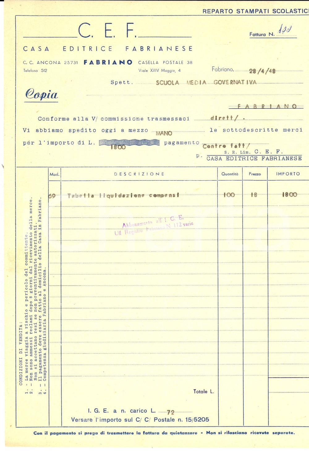 Documento originale, autentico 1948 FABRIANO AN Casa Editrice Fabrianese Fattura intestata 1