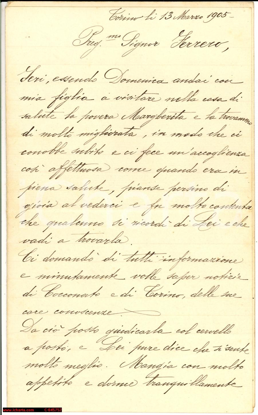 Manoscritto, lettera originale 1905 TORINO Ospedale S. SALVARIO carne e vino buono 1