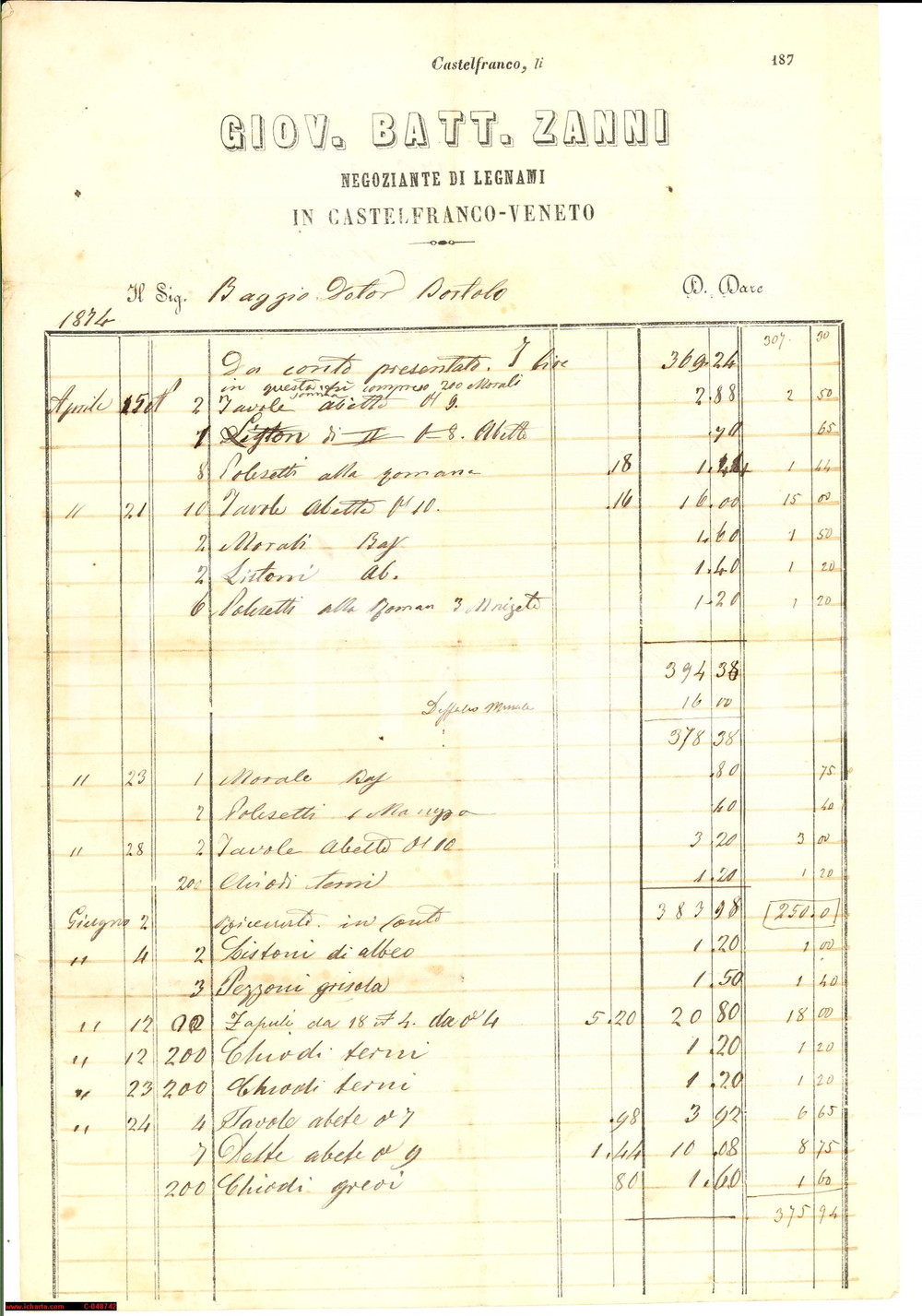 Documento originale, autentico 1874 CASTELFRANCO VENETO (TV) G. Battista ZANNI legnami 1