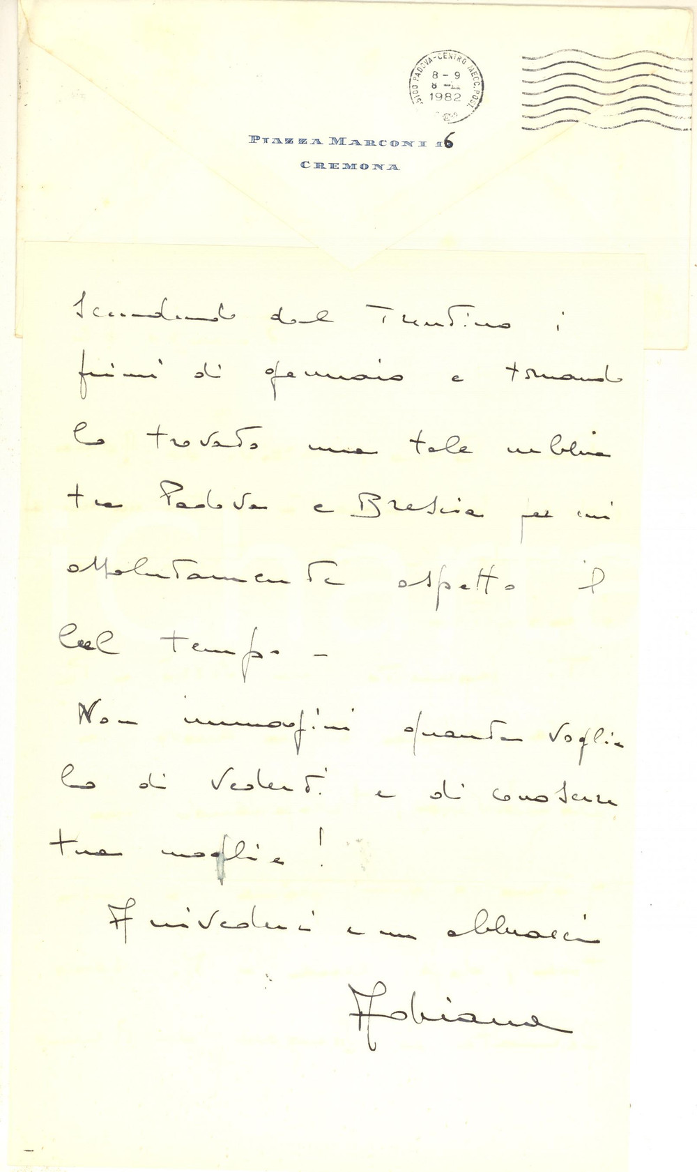 Autografo originale 1982 CREMONA Adriana MOLA FARINACCI promette visita a un amico Autografo 1