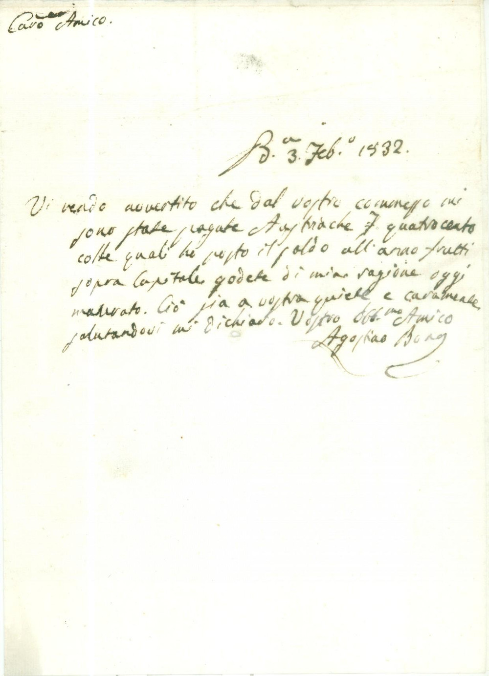 Documento originale, autentico 1832 BRESCIA Agostina BONA riceve interessi su capitale da Pietro BORGHETTI 1