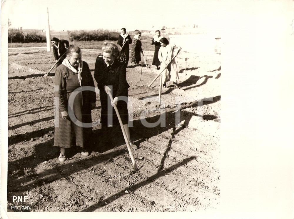 Fotografia d'epoca originale 1940 ca CAMPAGNA ROMANA Il PNF aiuta le donne al lavoro nei campi *Fotografia 1