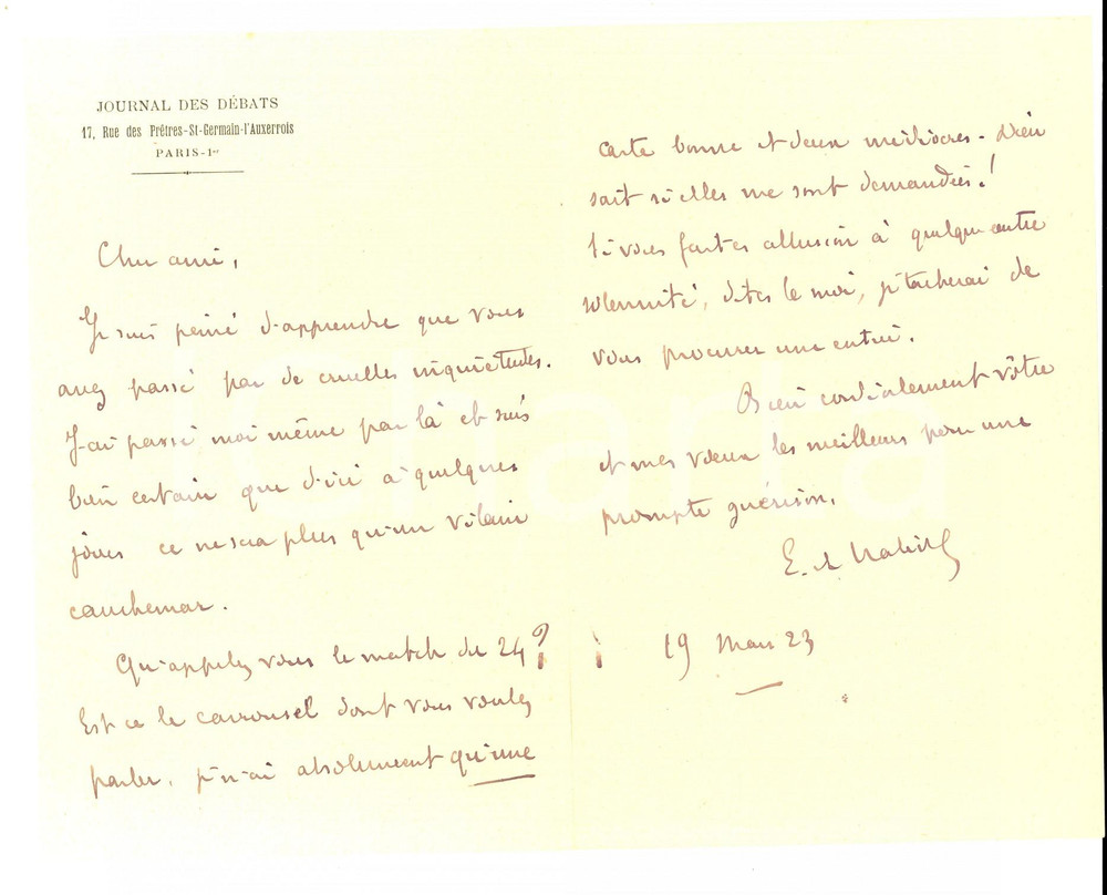 Autografo originale 1923 PARIS JOURNAL DES DEBATS Etienne BANDY DE NALECHE consola un amico 1