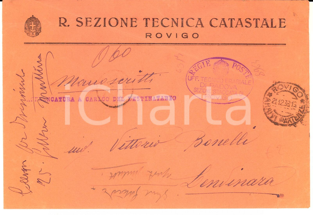 Oggetto da collezione cartaceo 1938 STORIA POSTALE ROVIGO Regia Sezione Tecnica CATASTALE *Busta intestata 1
