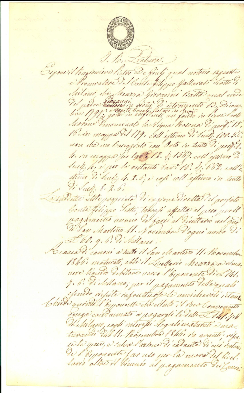 Documento originale, autentico 1847 PIEVE PORTO MORONE Giovanni Battista MEAZZA debitore canoni vigna NOSONA 1