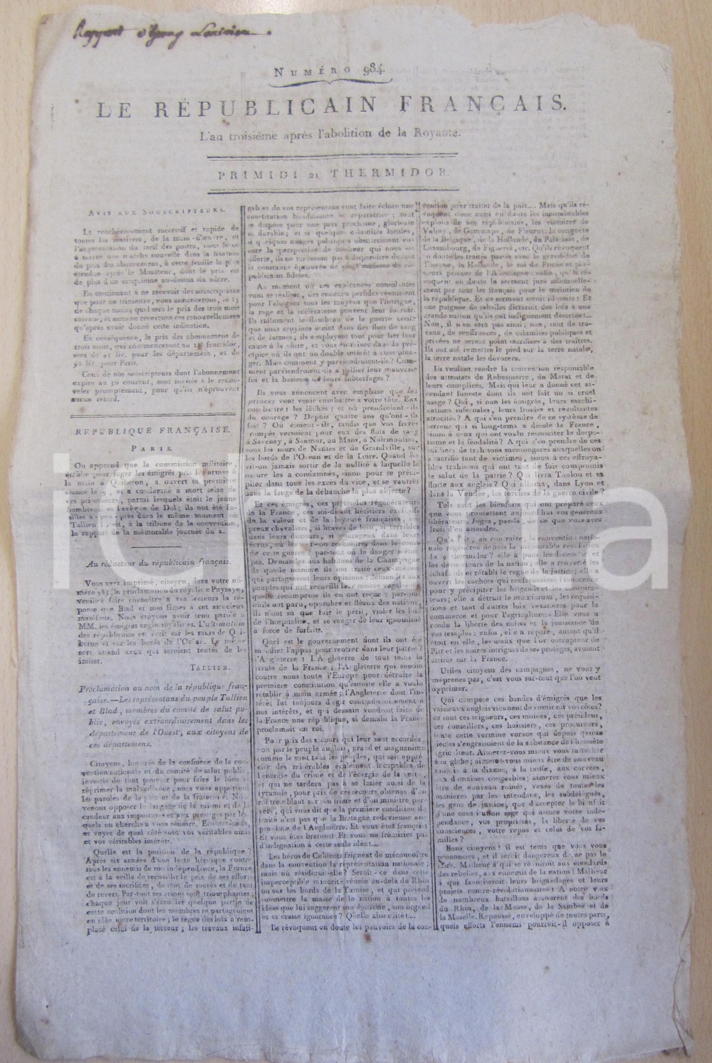 Giornale, rivista storica 1795 LE REPUBLICAIN FRANCAIS Gazette REVOLUTION NÂ° 984 Inghilterra nemica 1
