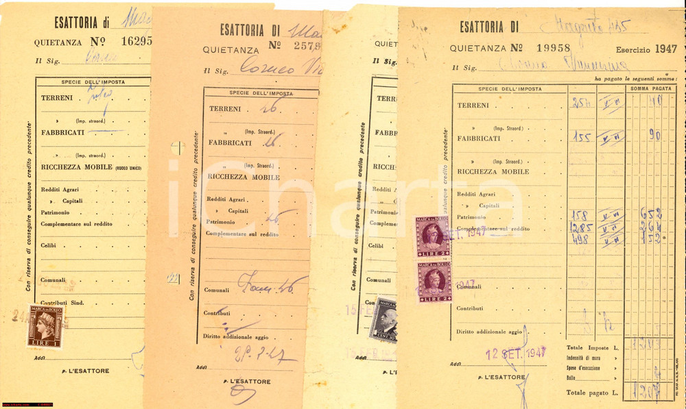 Documento originale, autentico 1944-47 MAGENTA Lotto 4 ricevute esattoria CORNEO-ROSA 1