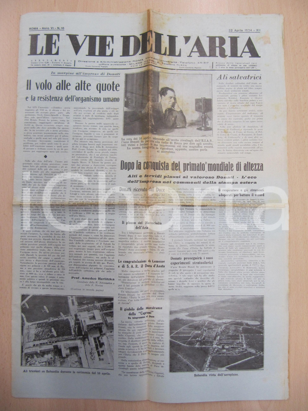 Giornale, rivista storica 1934 LE VIE DELL ARIA Aviazione fascista plaude Renato DONATI record mondiale 1
