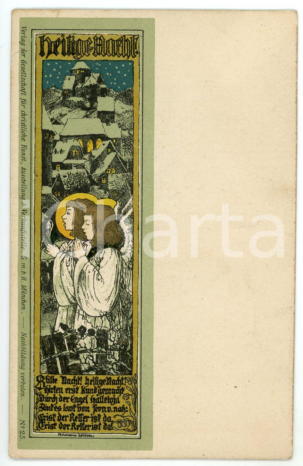 1910 ca CHRISTMAS Artist Ferdinand SPIEGEL - Stille Nacht  - Postcard Cartolina postale d'epoca, non viaggiata.CONDIZIONI: POOR (piegatura all'angolo superiore sinistro)FORMATO: FP    originale e autentica 1