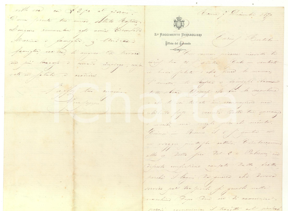 Manoscritto, lettera originale 1875 2° Reggimento BERSAGLIERI Roma non può eguagliar Milano Giuseppe MIGONE 1