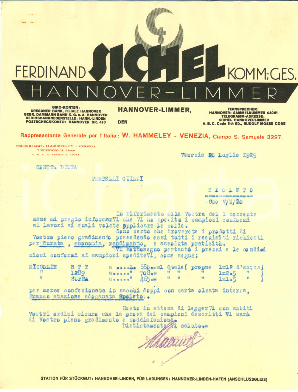 Documento originale, autentico 1929 VENEZIA HAMMELEY rappresentante Ferdinad SICHEL HANNOVER Lettera 1