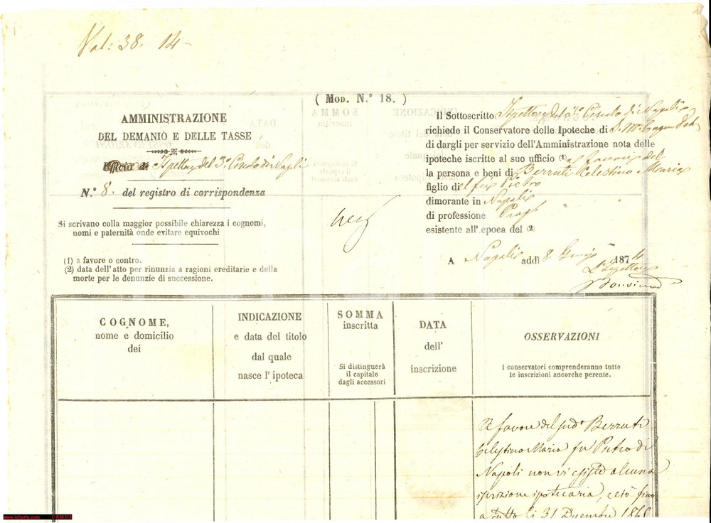 Documento originale, autentico 1874 NAPOLI ipoteche sui beni Celestino Maria BERRUTI 1