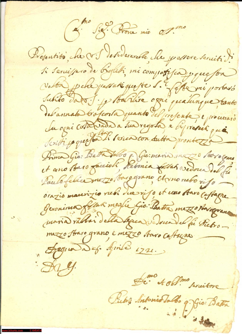 Manoscritto, lettera originale 1721 DEGNA SV saldo debiti dopo le vacanze di Pasqua Lettera 1