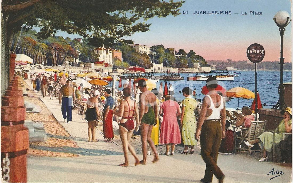Cartolina originale da collezione 1950 ca COTE D AZUR Antibes JUANLESPINS FRANCE La plage Cartolina FP NV 1