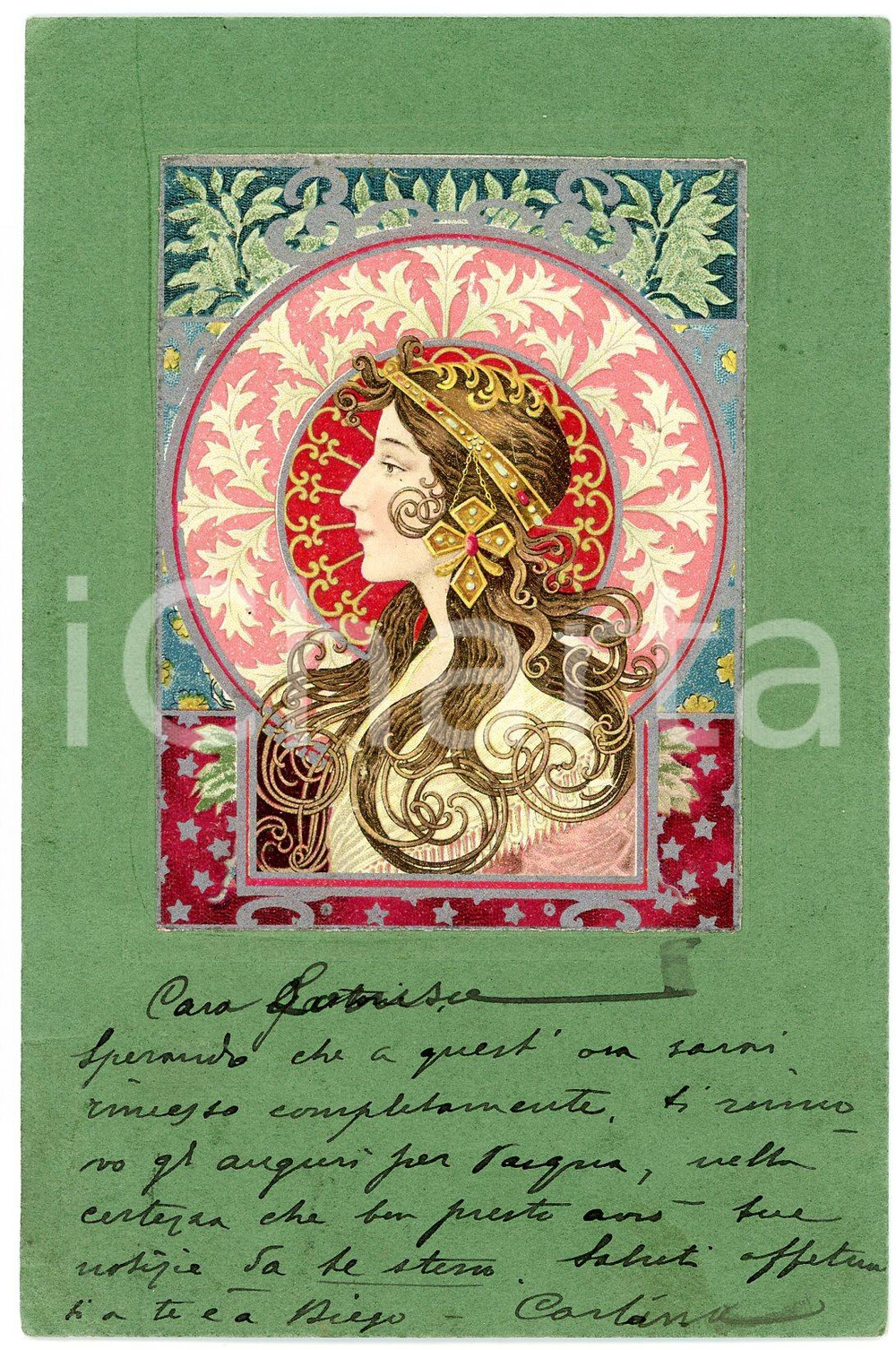 1900 ca ART NOUVEAU Alphonse MUCHA - Woman - Illustrated embossed postcard (3)  Cartolina postale d'epoca, illustrata, a rilievo, viaggiata.CONDIZIONI: GFORMATO: FP    originale e autentica 1