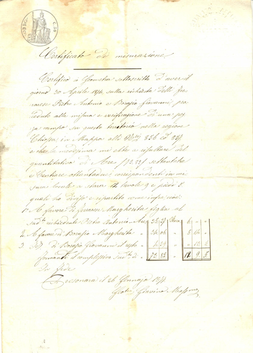 Documento originale, autentico 1877 FRESONARA AL Geometra Massimo GIAVINO misura campo in regione CHIOSSA 1