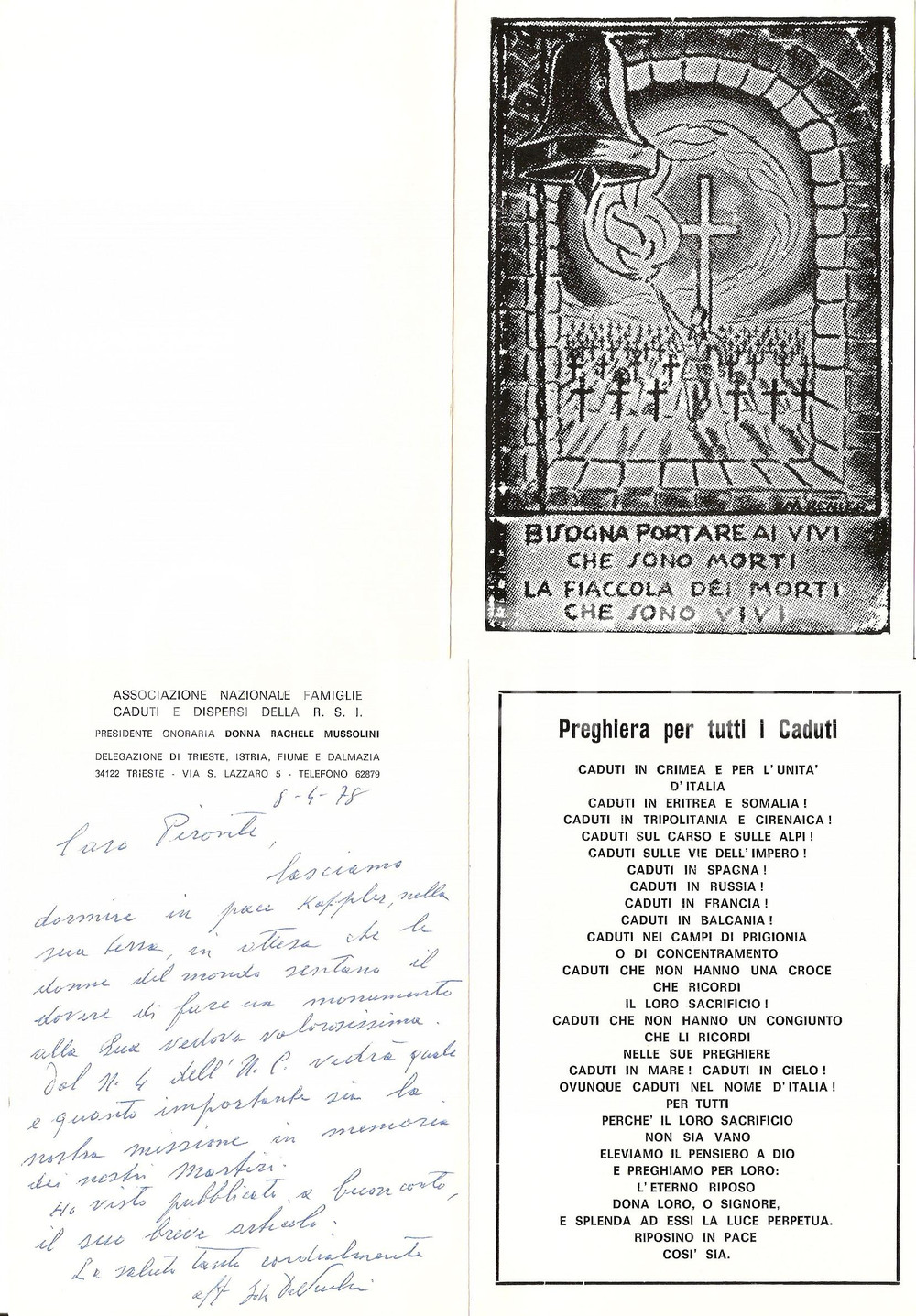 Autografo originale 1978 TRIESTE Ida DE VECCHI in morte di HERBERT KAPPLER 1