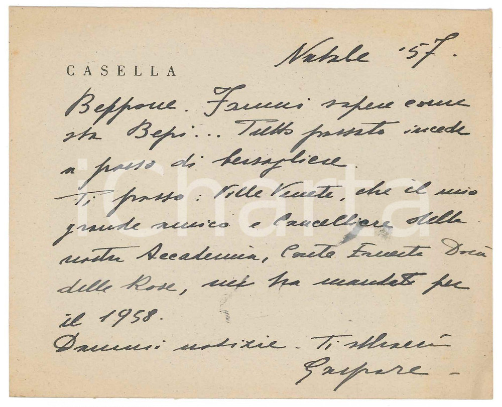 Autografo originale 1957 NAPOLI Biglietto Gaspare CASELLA per invio di un libro  Autografo 1