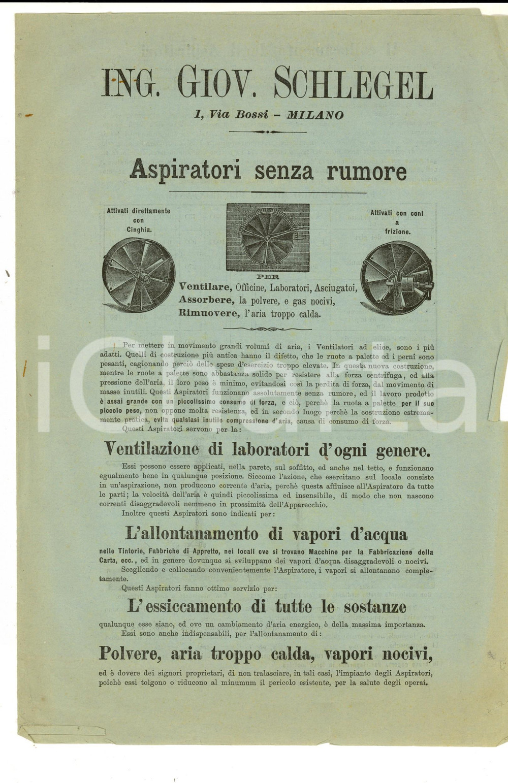 Materiale pubblicitario d’epoca 1892 MILANO Giovanni SCHLEGEL  Ventilatori e aspiratori Pieghevole ILLUSTRATO 1