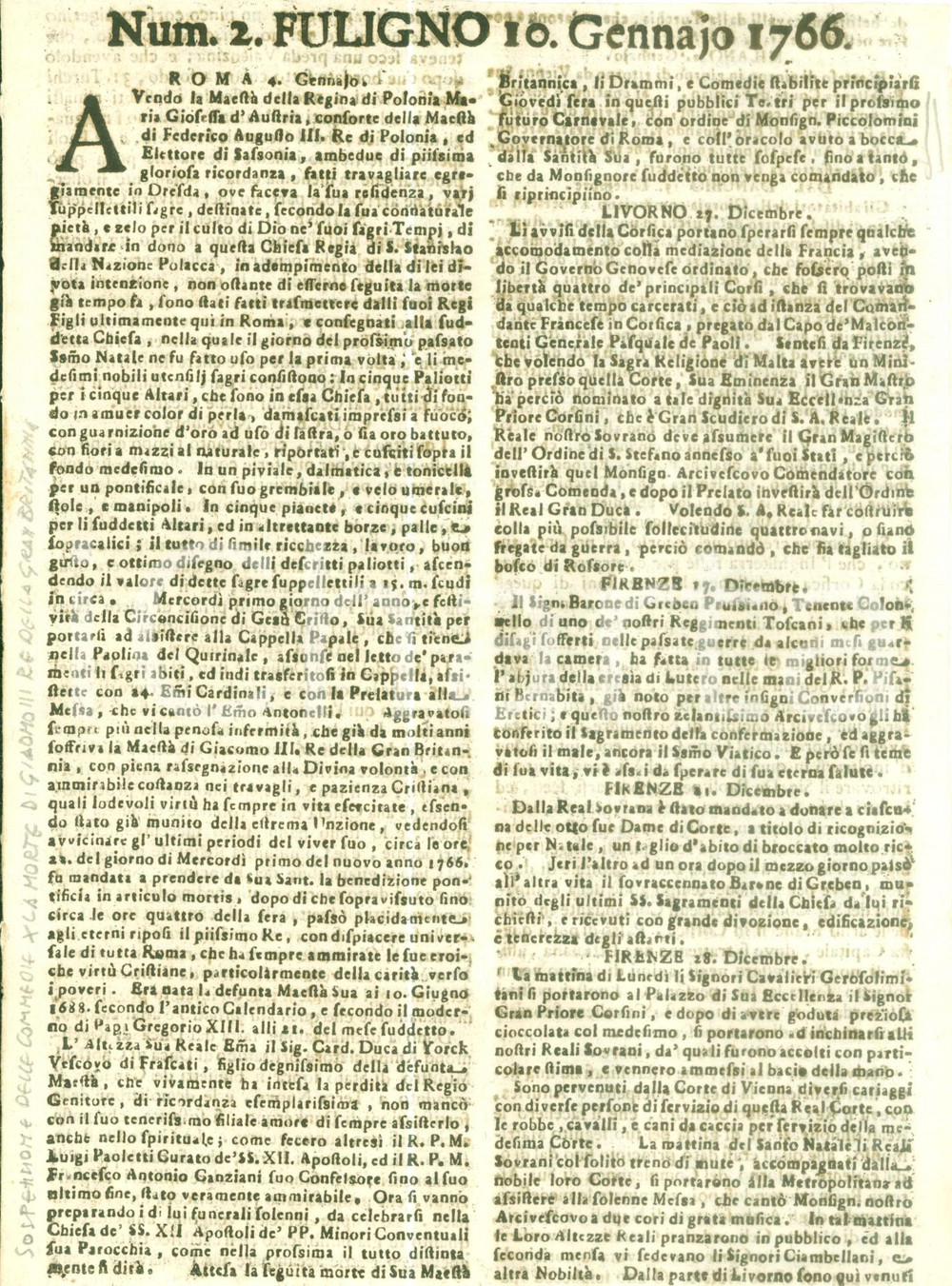 Giornale, rivista storica 1766 GIORNALE DI FOLIGNO n 2 Doni Maria Giuseppa di BAVIERA Chiesa SAN STANISLAO 1