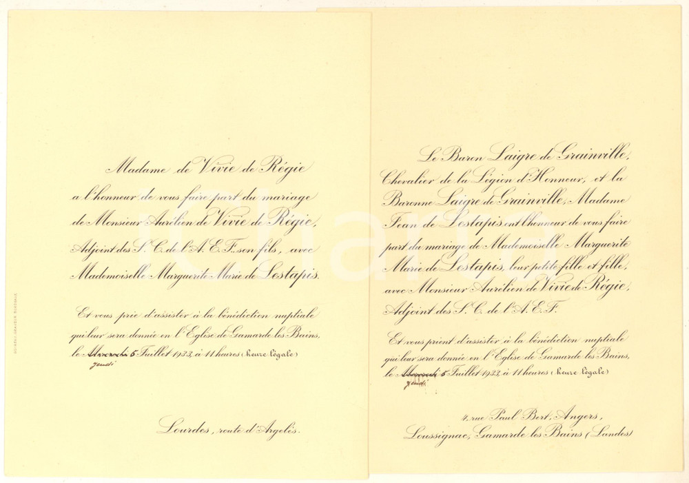 Oggetto da collezione cartaceo 1933 GAMARDELESBAINS Mariage Aurélien DE VIVIE DE REGIE Marguerite de LESTAPIS 1