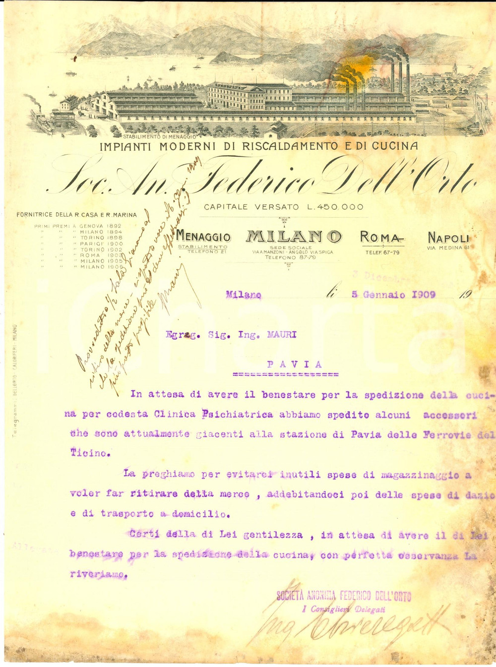 Documento originale, autentico 1909 MILANO Impianti FEDERICO DALL ORTO  Lettera per cucina DANNEGGIATA 1