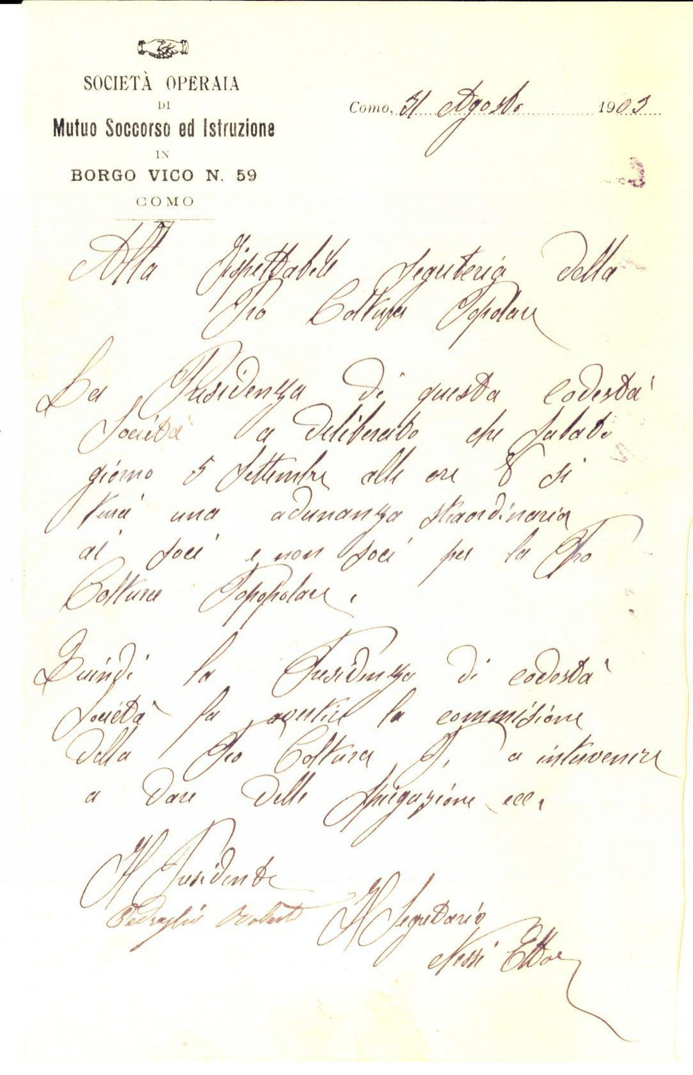 Manoscritto, lettera originale 1903 COMO Lettera della SocietÃ  Operaia Mutuo Soccorso in BORGO VICO 1