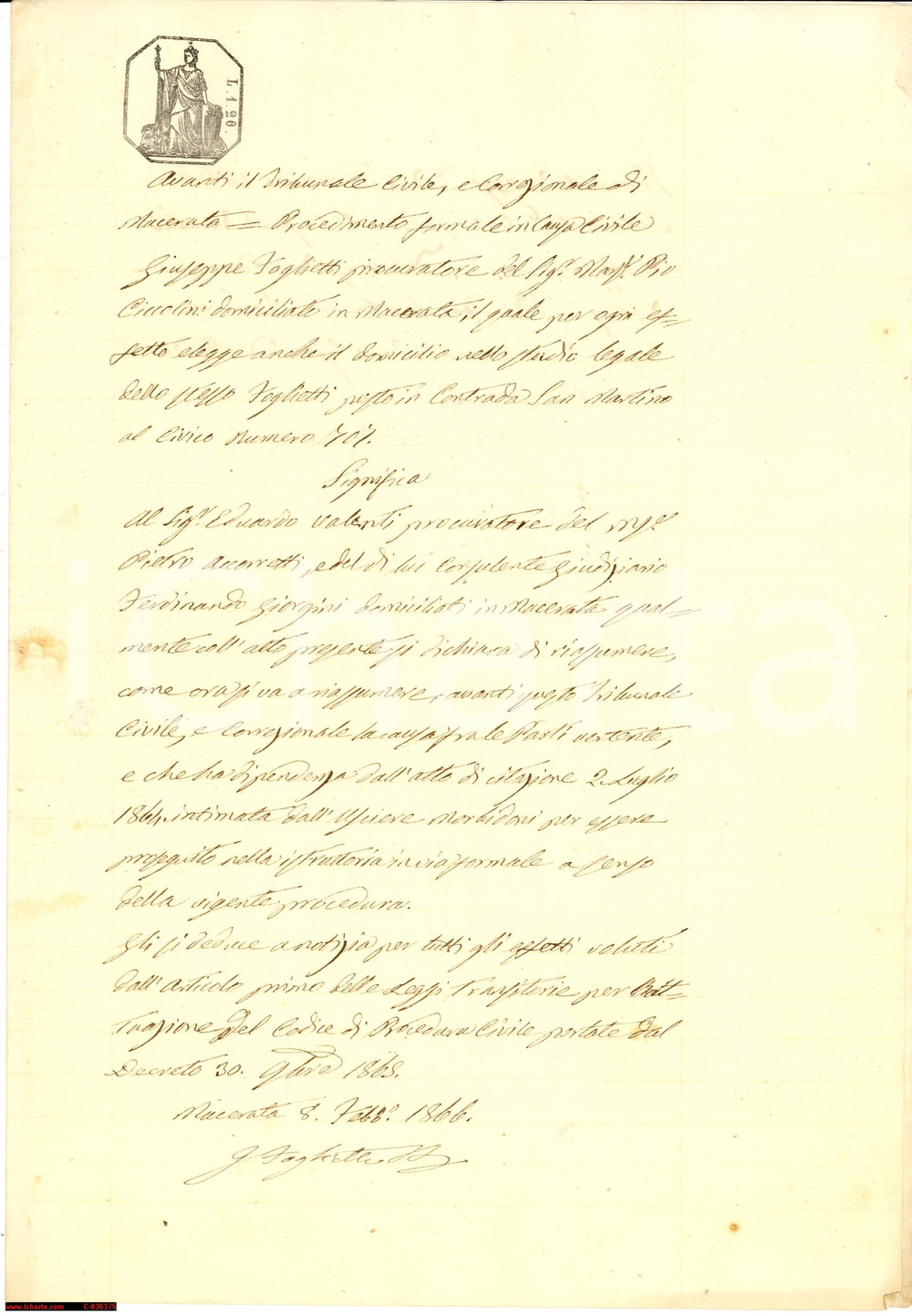 Documento originale, autentico 1866 MACERATA FOGLIETTI difende marchese Pio CICCOLINI 1