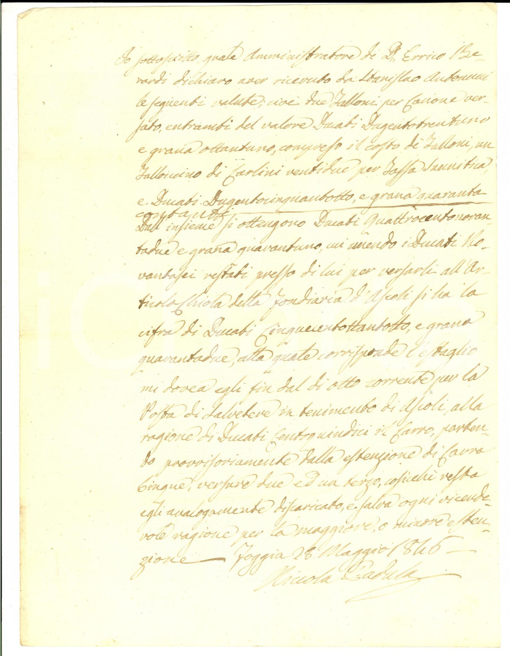 Documento originale, autentico 1846 FOGGIA Stanislao ANTONINI versa canoni a don Enrico BERARDI Manoscritto 1