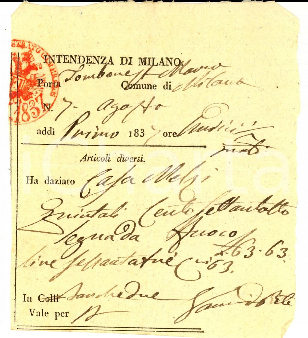 Documento originale, autentico 1837 MILANO Dazio nobile famiglia MELZI per legna da fuoco Ricevuta 1
