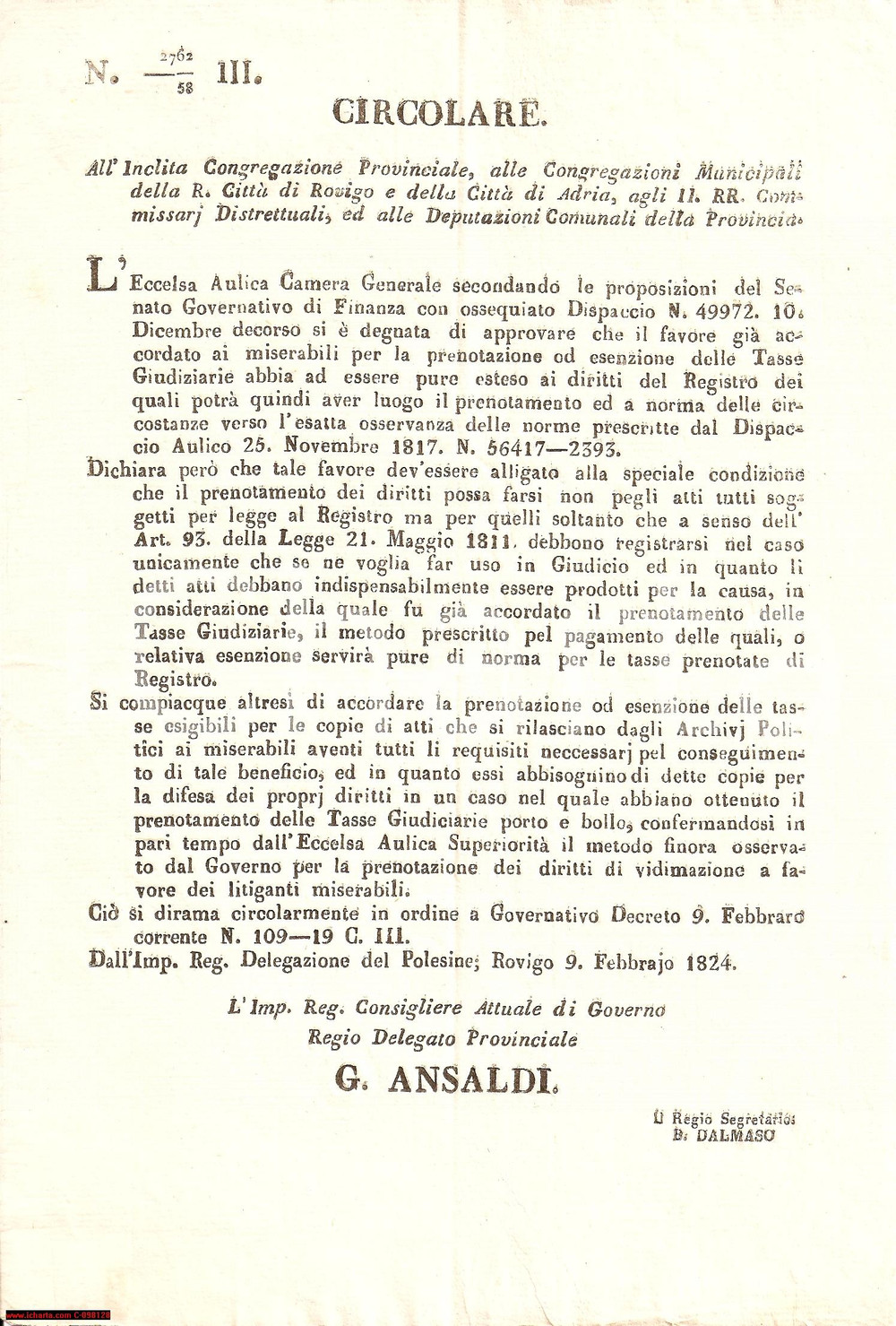 Documento originale, autentico 1824 ROVIGO Diritti speciali per i miserabili 1