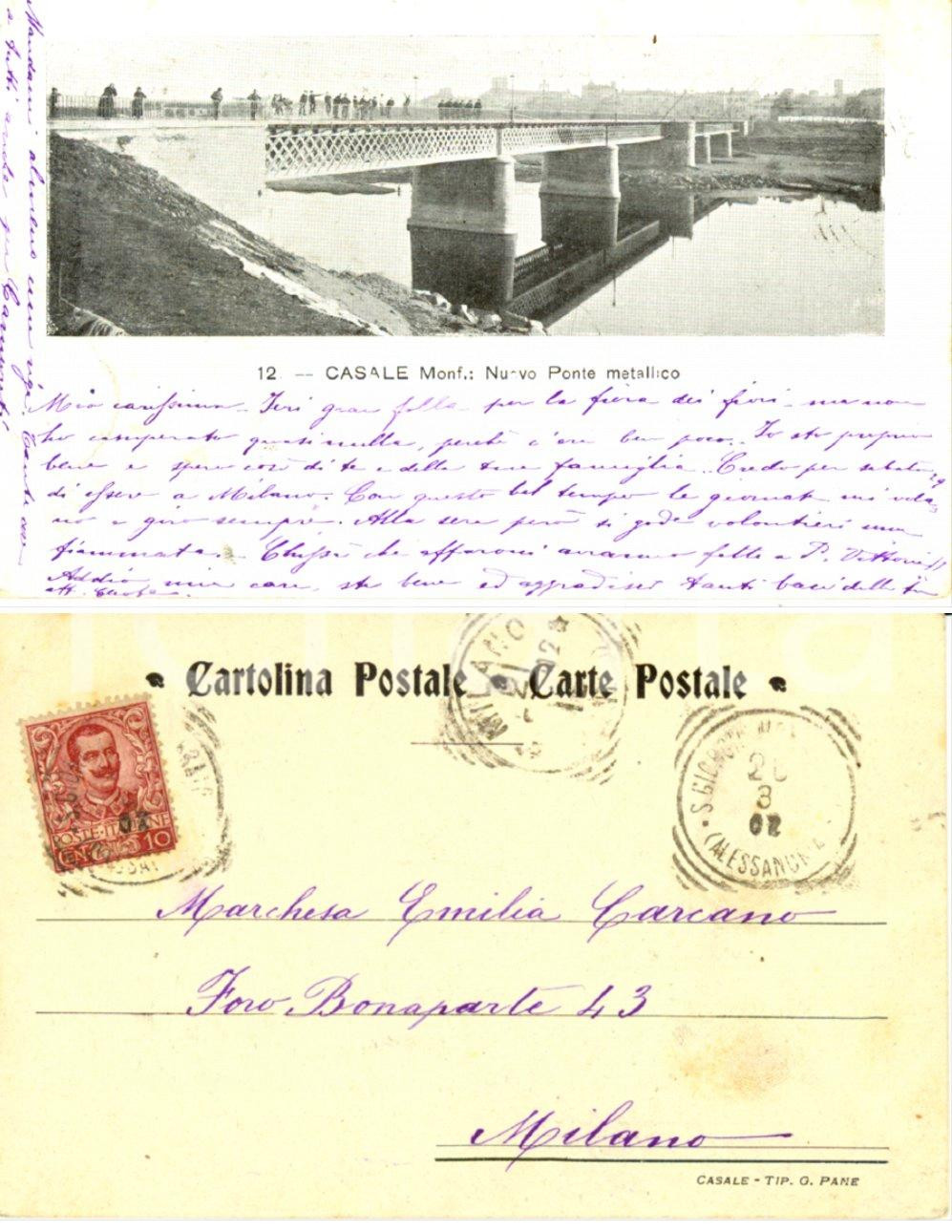 Cartolina originale da collezione 1902 CASALE MONFERRATO (AL) Nuovo ponte *Cartolina a marchesa Emilia CARCANO 1