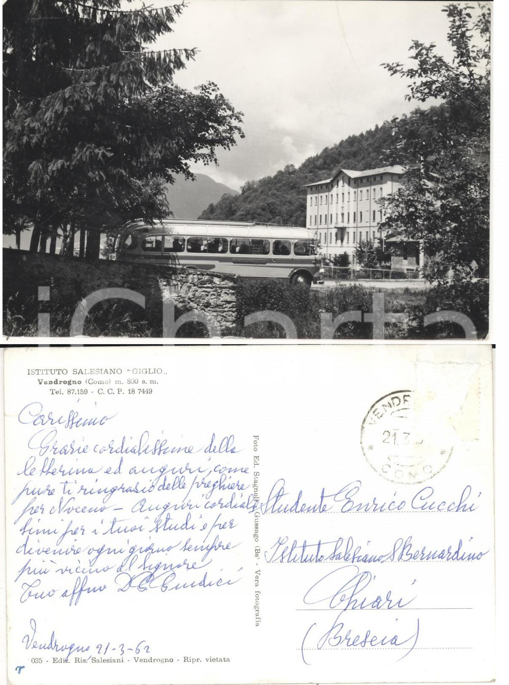Autografo originale 1962 VENDROGNO LC Istituto Salesiano GIGLIO Autografo don Giuseppe GIUDICI 1