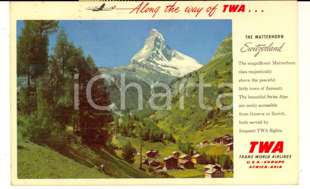 Cartolina originale da collezione 1956 TWA AIRLINES SWITZERLAND The Matterhorn *Cartolina ILLUSTRATA Pubblicitaria 1
