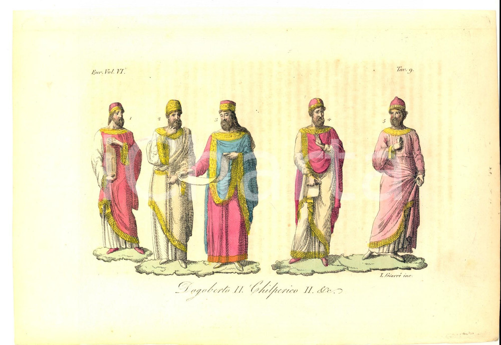 Stampa, bozzetto originale 1830 ca COSTUME EUROPEO Dagoberto II, Chilperico II Inc. GIARRE  Colorata a mano 1