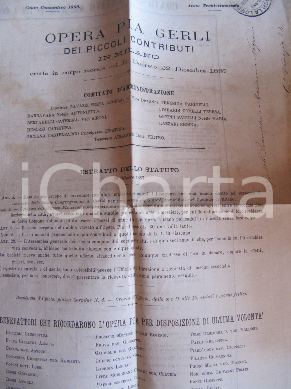 Documento originale, autentico 1899 MILANO Opera Pia GERLI Piccoli Contribuenti Benefattori e Associati 1