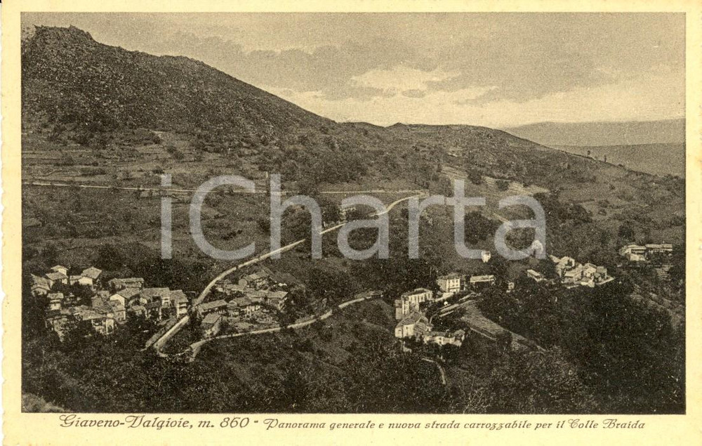 Cartolina originale da collezione 1943 GIAVENO (TO) Panorama VALGIOIE e strada per Colle BRAIDA *Cartolina FP NV 1