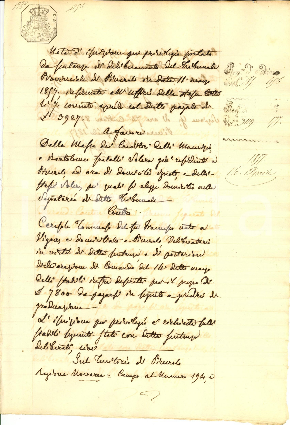 Documento originale, autentico 1857 PINEROLO (TO) Maurizio SOLERA vs Tommaso CERESOLE prati regione NOVARCA 1