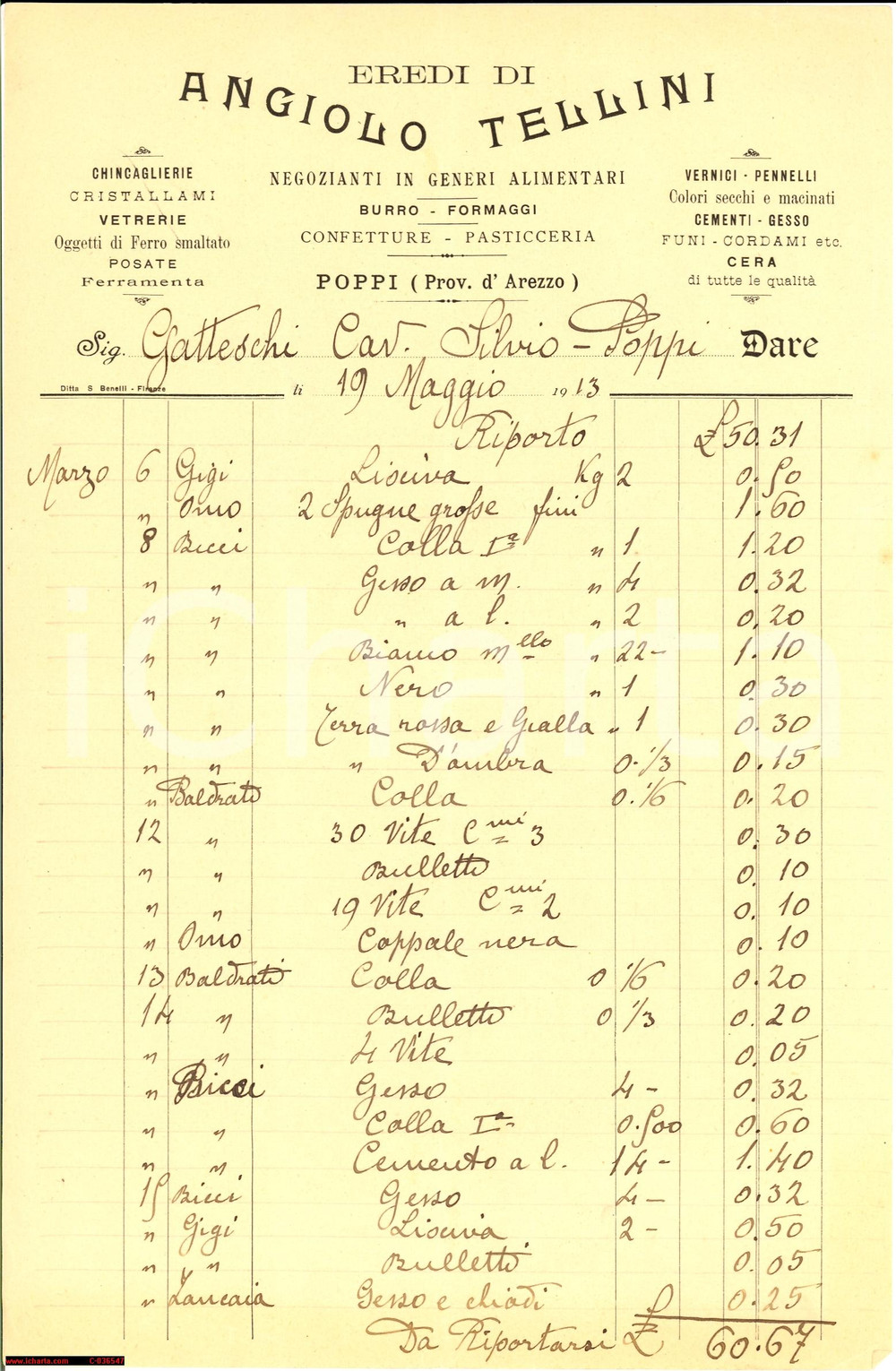 Documento originale, autentico 1913 POPPI AR Ditta Eredi di Angiolo TELLINI  Cementi e gesso Fattura 1