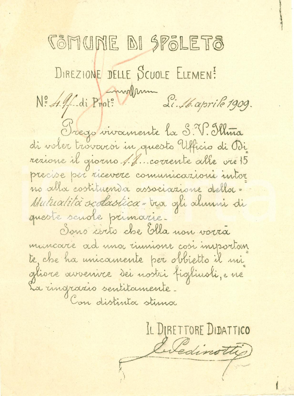 Documento originale, autentico 1909 SPOLETO PG Costituzione Mutualità Scolastica Scuole Primarie Ciclostile 1