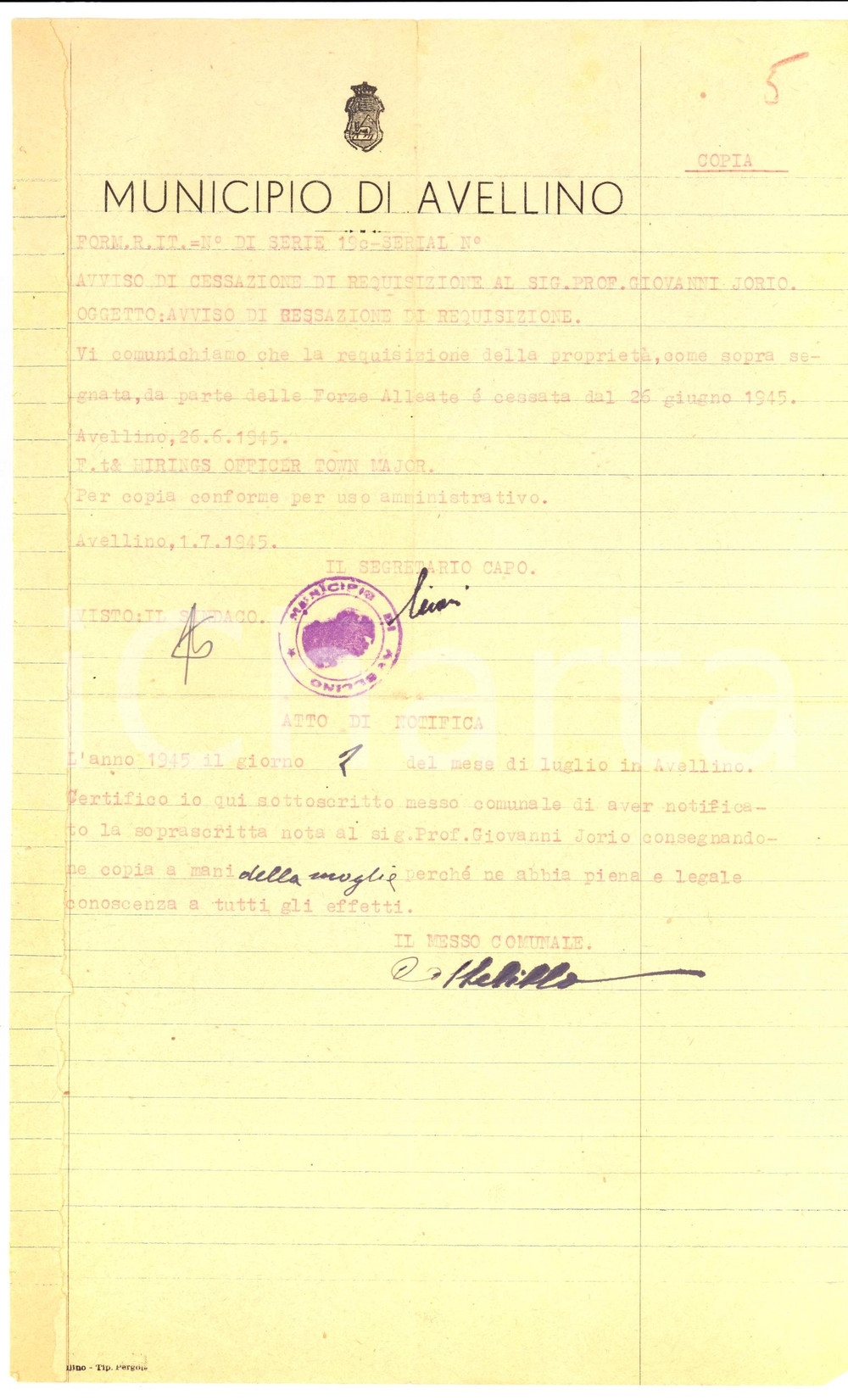 Documento originale, autentico 1945 WW2 AVELLINO Villa MAFFEI libera da requisizione Forze Alleate *Documento 1