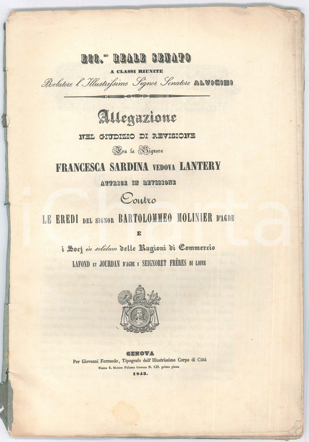 Libro, pubblicazione d epoca 1843 GENOVA Giudizio di revisione Francesca SARDINA vs Eredi MOLINIER D AGDE 1