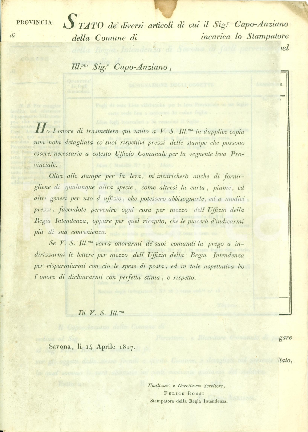 Documento originale, autentico 1817 SAVONA Listino prezzi stampatore Felice ROSSI per documenti leva 1