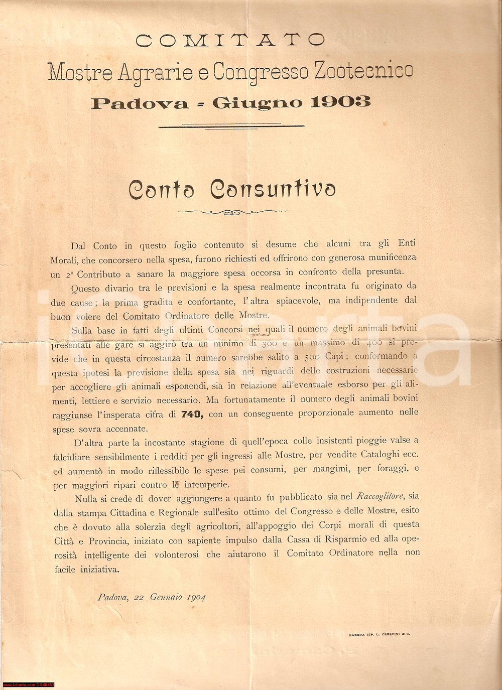 Documento originale, autentico 1904 PADOVA Mostre agrarie e Congresso zootecnico 1