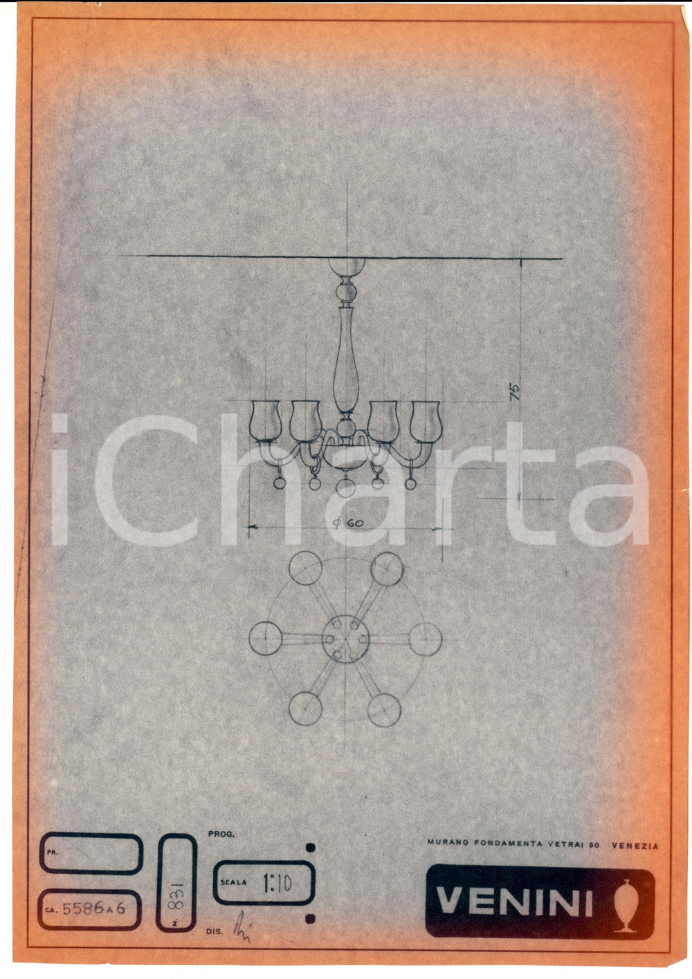 Materiale pubblicitario d’epoca 1960 ca MURANO VENEZIA Vetrai VENINI disegno di lampadario Copia eliografica 1