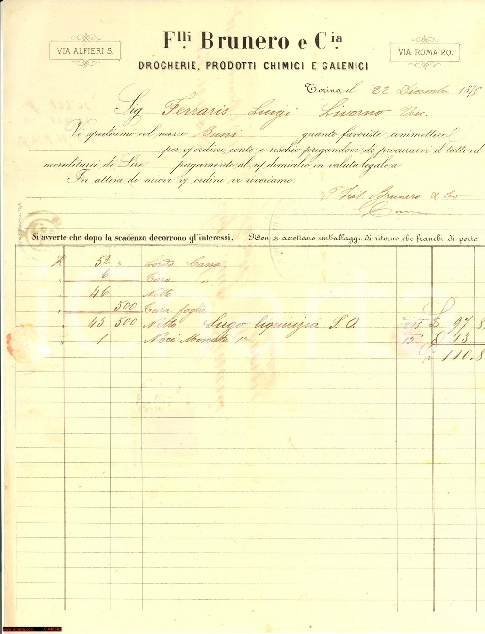 Documento originale, autentico 1875 TORINO Drogherie e galenici F.LLI BRUNERO 1